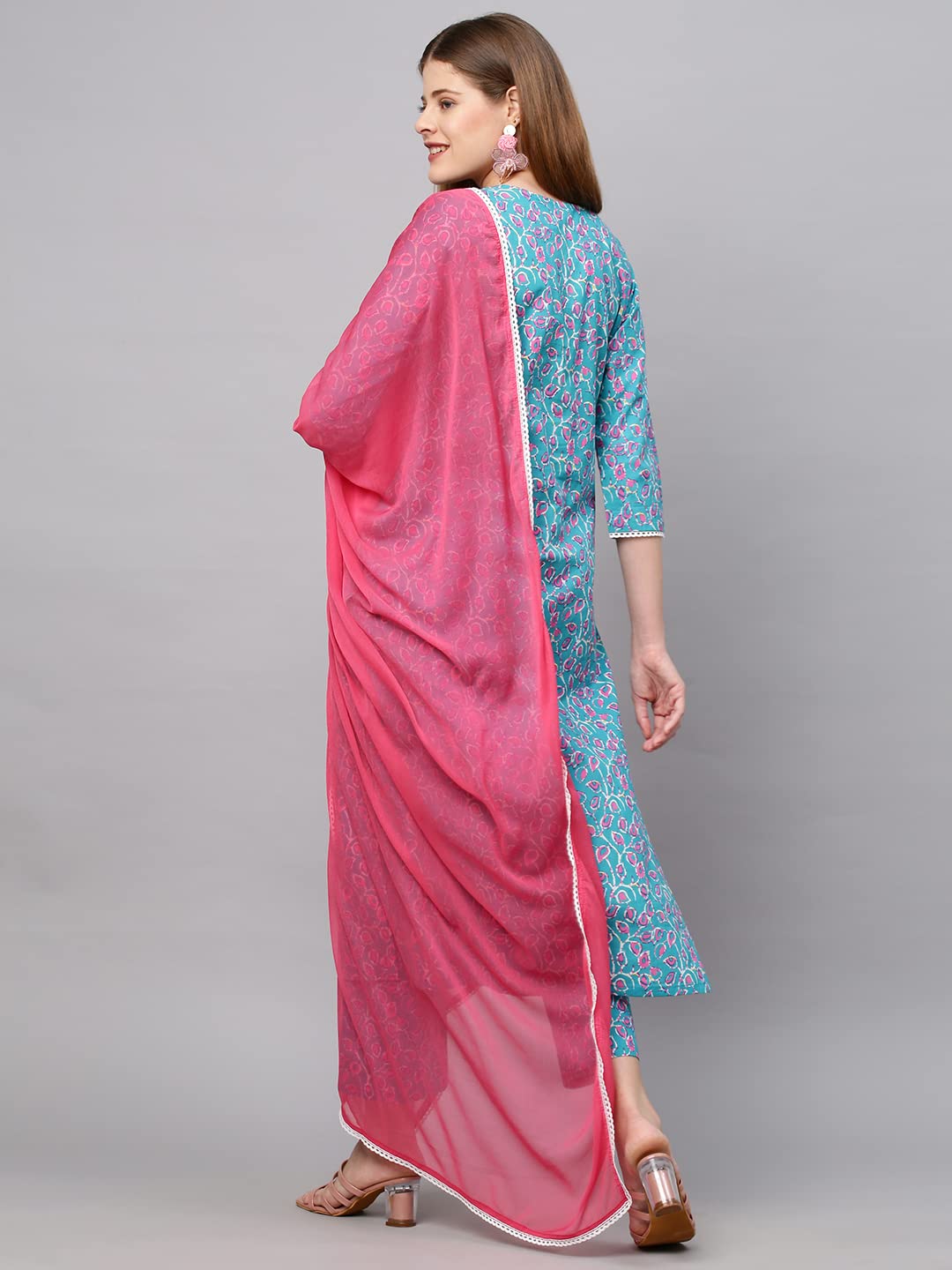 Anni Designer Women'S Cotton Blend Straight Printed Kurta With Pant & Dupatta (Jam001-Blue & White_L_Dark Blue_Large),Blue & White,L,Cotton Blend,Regular,Dupatta