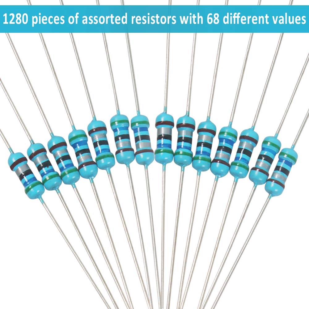 1280 Pieces 64 Values Resistor Kit, 1% Assorted Resistors 1 Ohm-10M Ohm 1/4W Metal Film Resistors Assortment For Diy Projects An