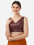 Oomph! Women'S Indian Ethnic Wear Designer Zari Work V Neck Sleeveless Purple Blouse For Saree Or Lehnga And Blousepalazzos Or Skirts For A Fusion Twist. Aubergine Purple Xl