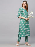 Anni Designer Women'S Cotton Blend Printed Straight Kurta With Pant (Jugnu New01 Green_Xxl_Green_Xx-Large),Green,2XL,Cotton Blend,Straight,Pants