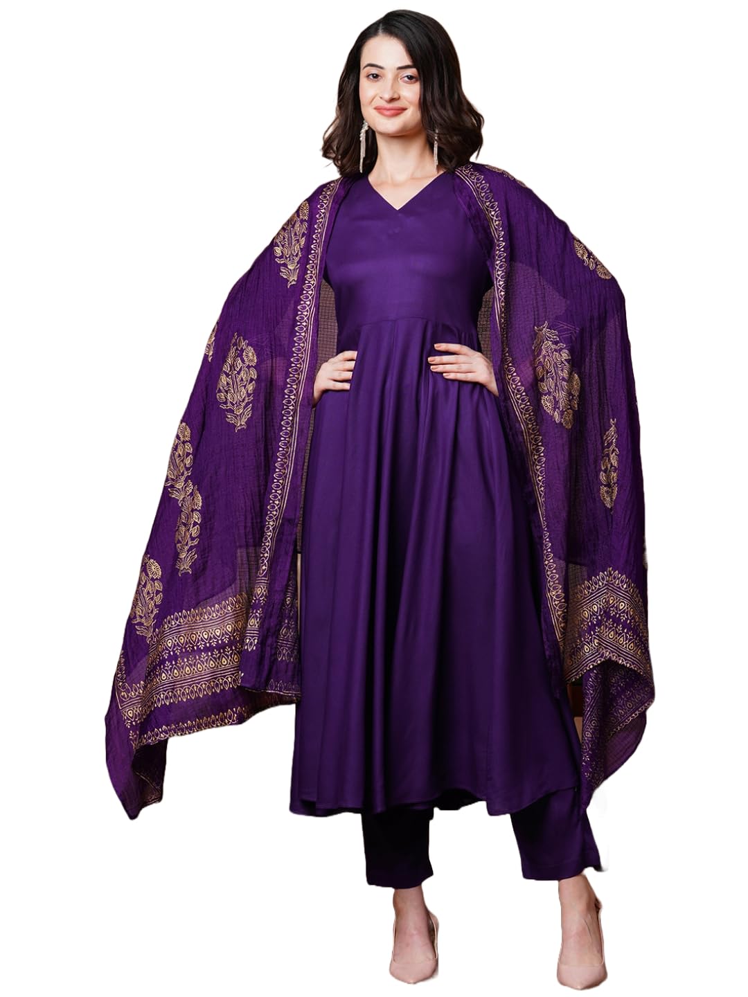 Anni Designer Women'S Rayon Blend Solid Anarkali Kurta With Pant & Dupatta (Magic-Violet-Nb_Xl_Violet_X-Large),Violet,XL