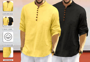 Royalscout Men'S Cotton Polyester Blend Solid Regular Fit Full Sleeve Short Kurta | Ethnic, Lightweight Summer Kurta For Daily & Occasion Use Yellow-Black Yellow-Black 3Xl