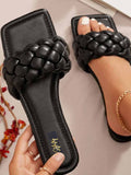 Shoetopia Women'S Black Braided Flat Slip-On Sandals Comfortable Open-Toe Casual Slides For Summer Beach Eu37,Black,4,B0BSCB6KCJ