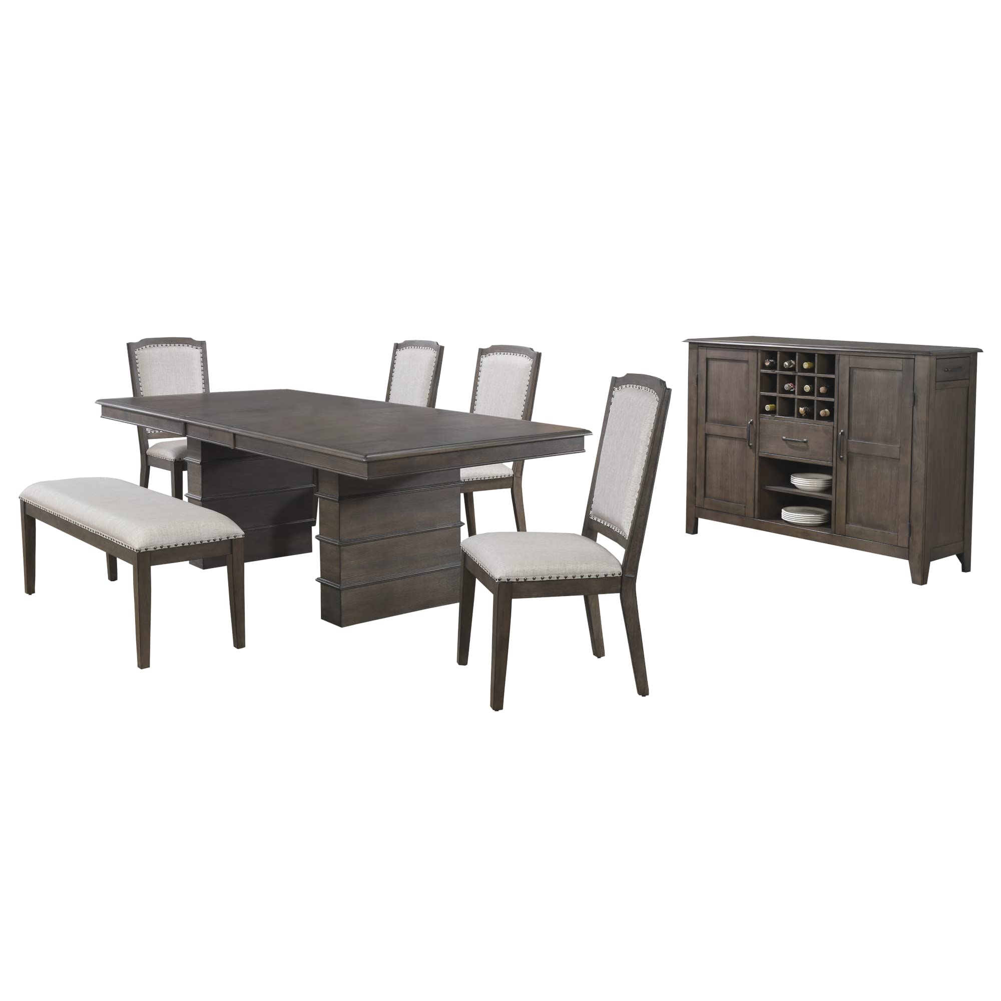 Sunset Trading Cali 7 Piece 96 Rectangular Extendable Dining Table Set | Brown Solid Wood | 4 Chairs And Bench | Server | Seat