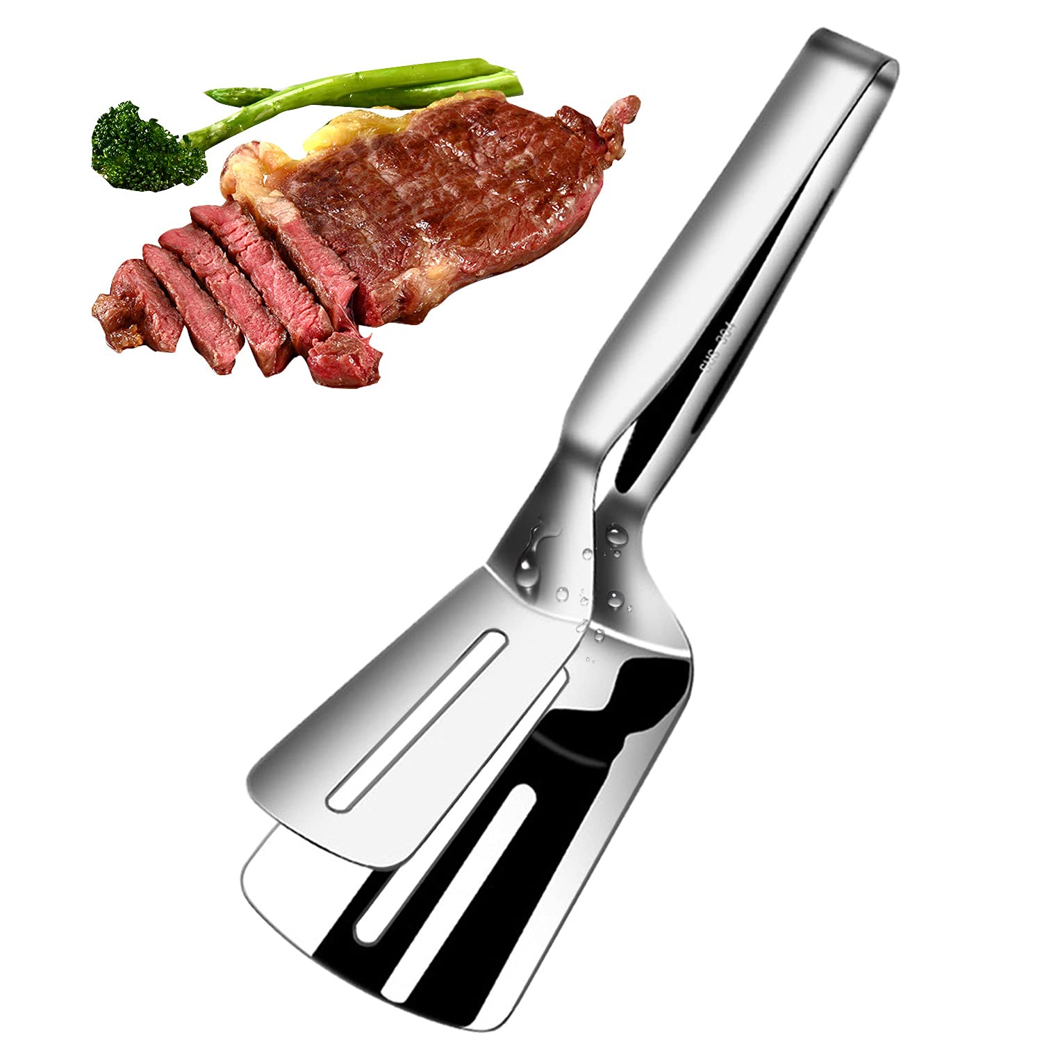 12 Inch Long Cooking Spatula Tong, 304 Stainless Steel, Slotted Double Spatula, Cooking&Serving Utensil for Holding&Flipping Ste