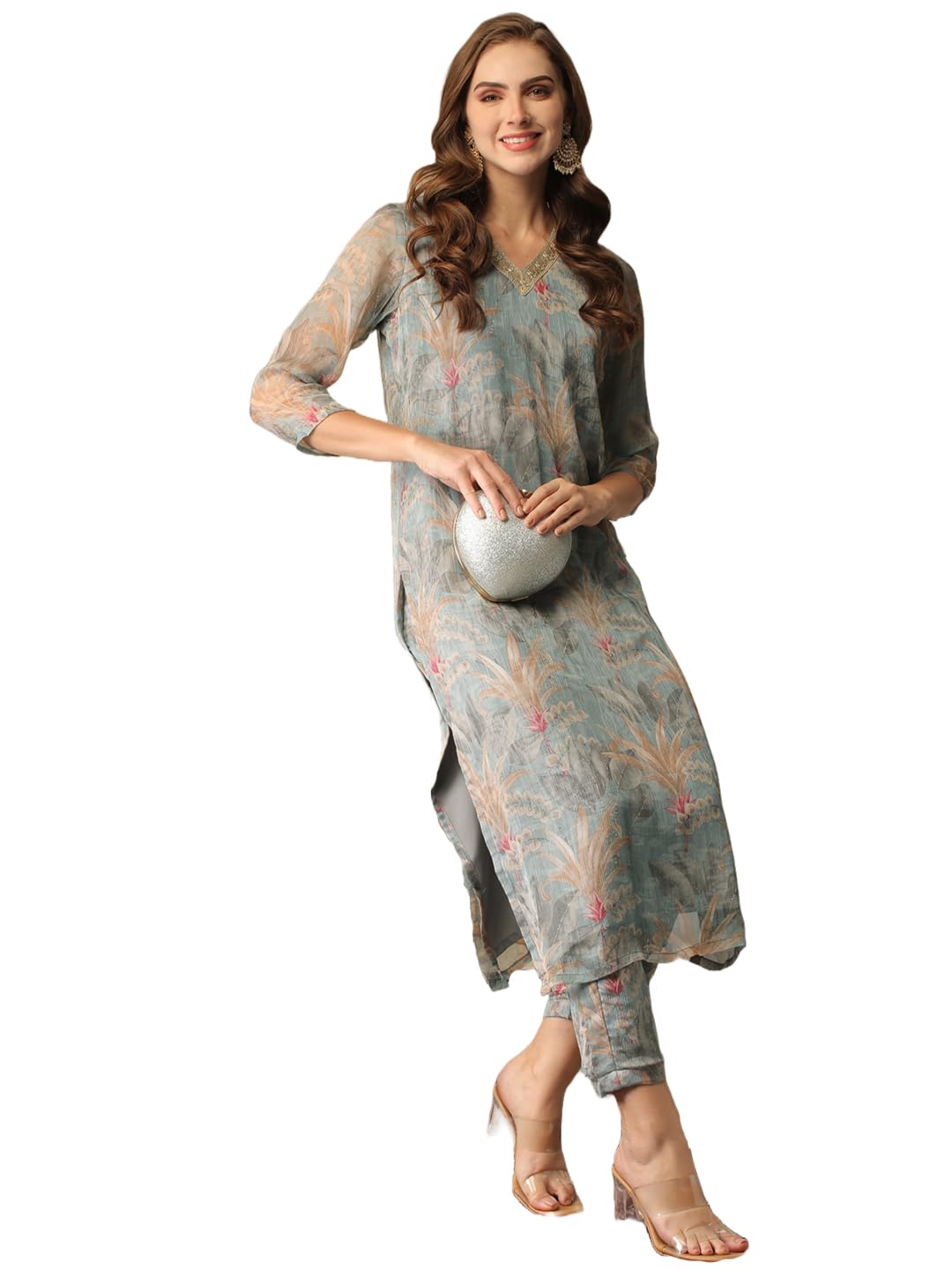Gosriki Women'S Cotton Blend Straight Printed Kurta With Pant (Feni Grey-Nw-Gs_3Xl_Grey_Xxx-Large),Grey,3,B0D3BXWRZV