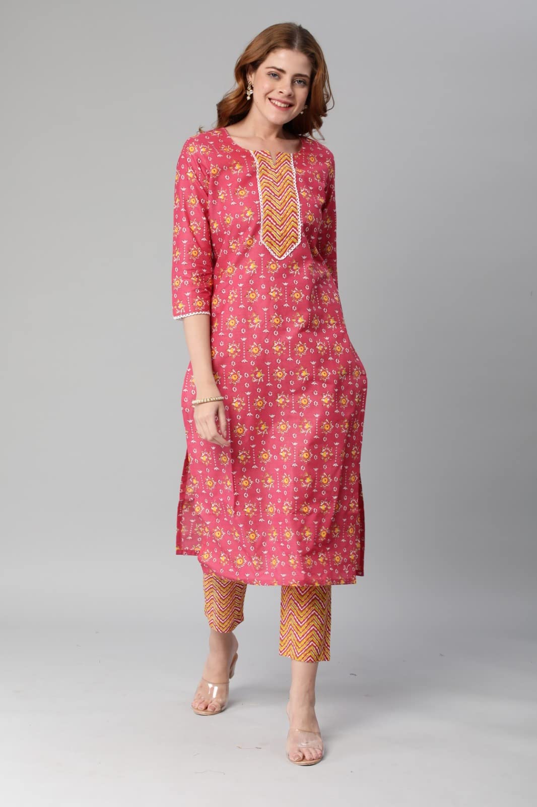 Anni Designer Women'S Cotton Blend Printed Straight Kurta With Pant (Mika Pink-Nwfb08_4Xl_Pink_Xxxx-Large),Dark Pink,4XL,Cotton Blend,Regular,Kurta