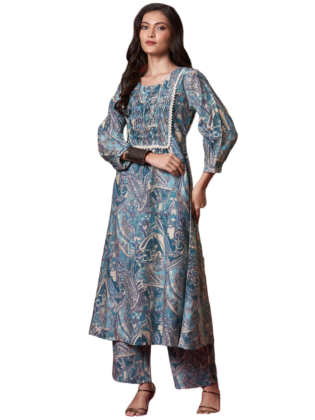 Anni Designer Women'S Rayon Blend Straight Printed Kurta With Pant (Marco Teal_S_Teal Blue_Small),Teal Blue,S