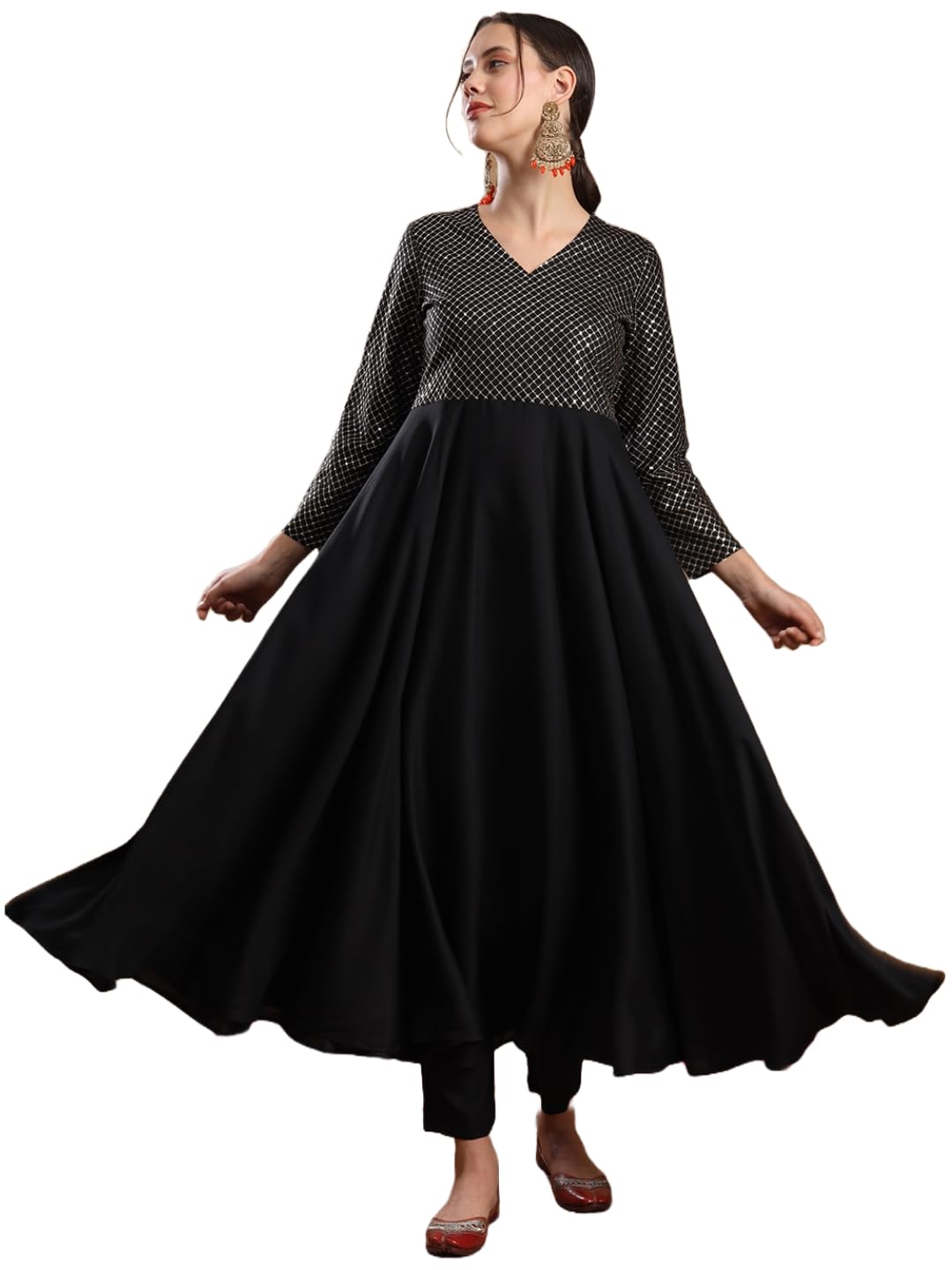 Anni Designer Women'S Viscose Rayon Mukaish Work Anarkali Kurta With Pant & Dupatta (Park Black_M_Black_Medium),Black,M