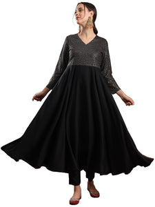 Anni Designer Women'S Viscose Rayon Mukaish Work Anarkali Kurta With Pant & Dupatta (Park Black_M_Black_Medium),Black,M