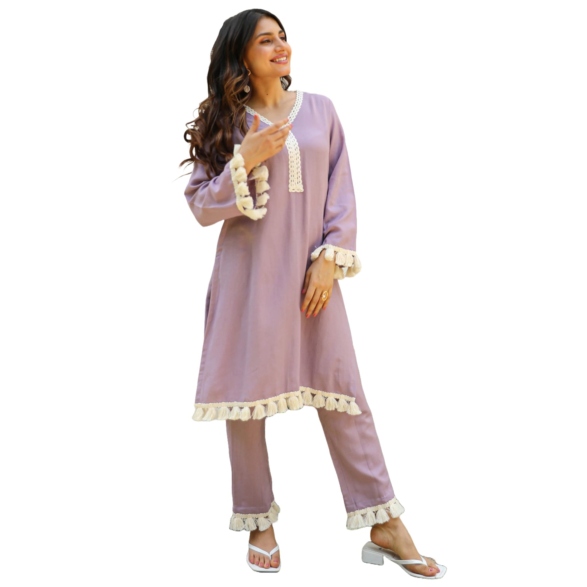 Anni Designer Women'S Rayon Viscose Straight Yoke Design Lace Kurta With Pant (Khedaram Purple_M_Purple_Medium),Purple,M