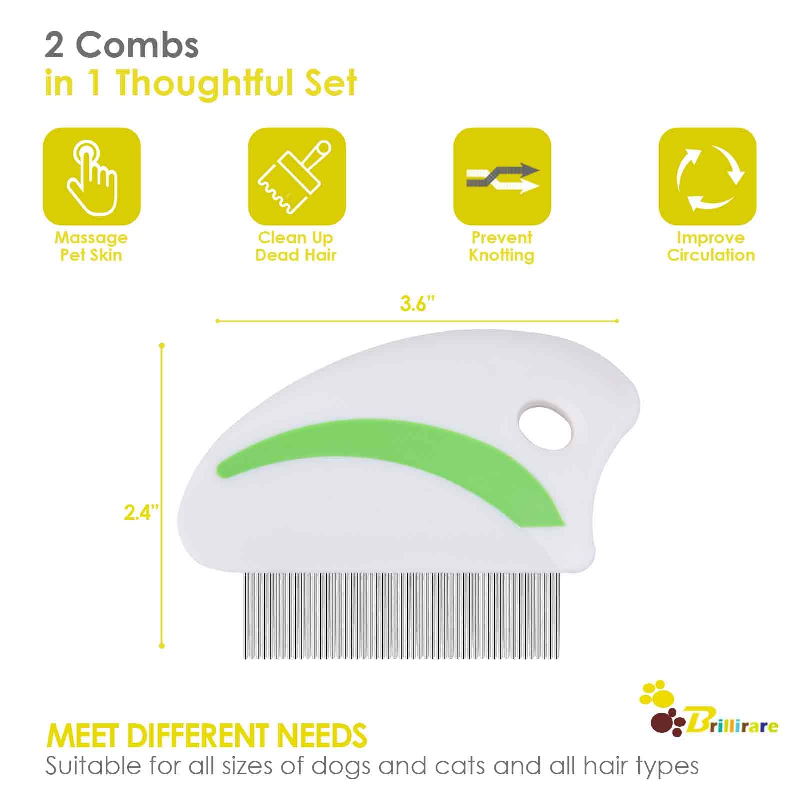 Brillirare 2 Pack Flea Lice Comb, Stainless Steel Dog Cat Grooming Combs with Rounded Teeth, Professional Pet Tear Stain Remover