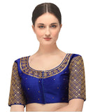 Pujia Mills Women's Embroidery Handwork Sequence Work Necklace Design Readymade Blouse (Royal, 32)