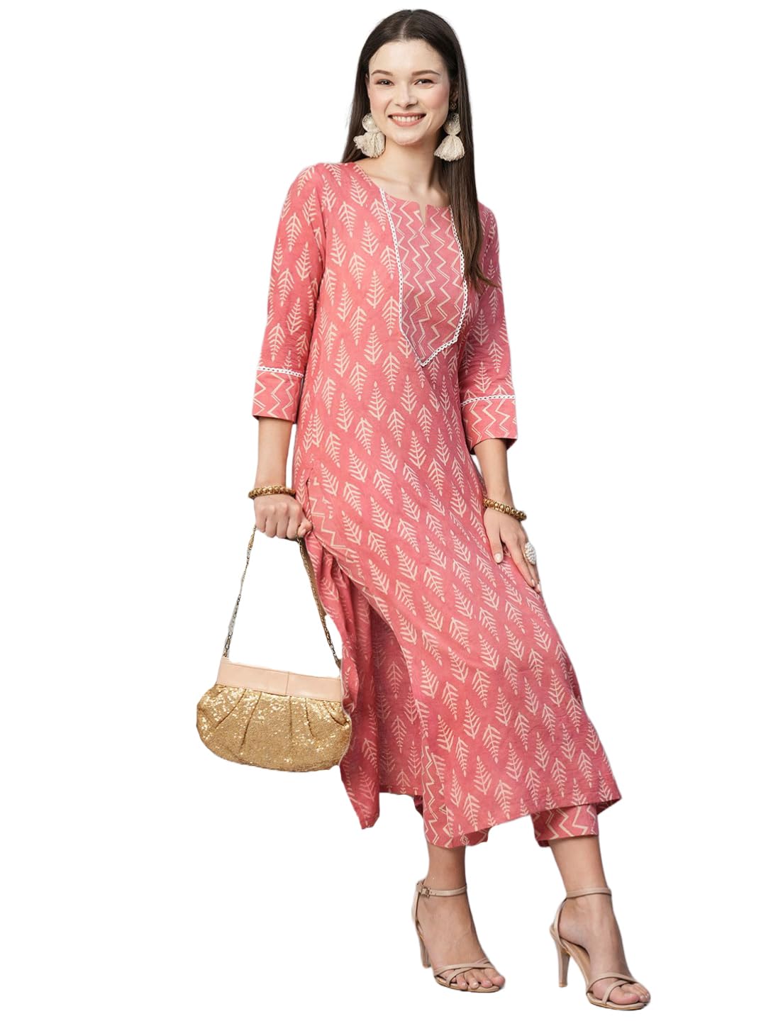 Anni Designer Women'S Cotton Blend Straight Printed Kurta With Pant (Ruby Pink-Nw_M_Pink_Medium),Dark Pink,M