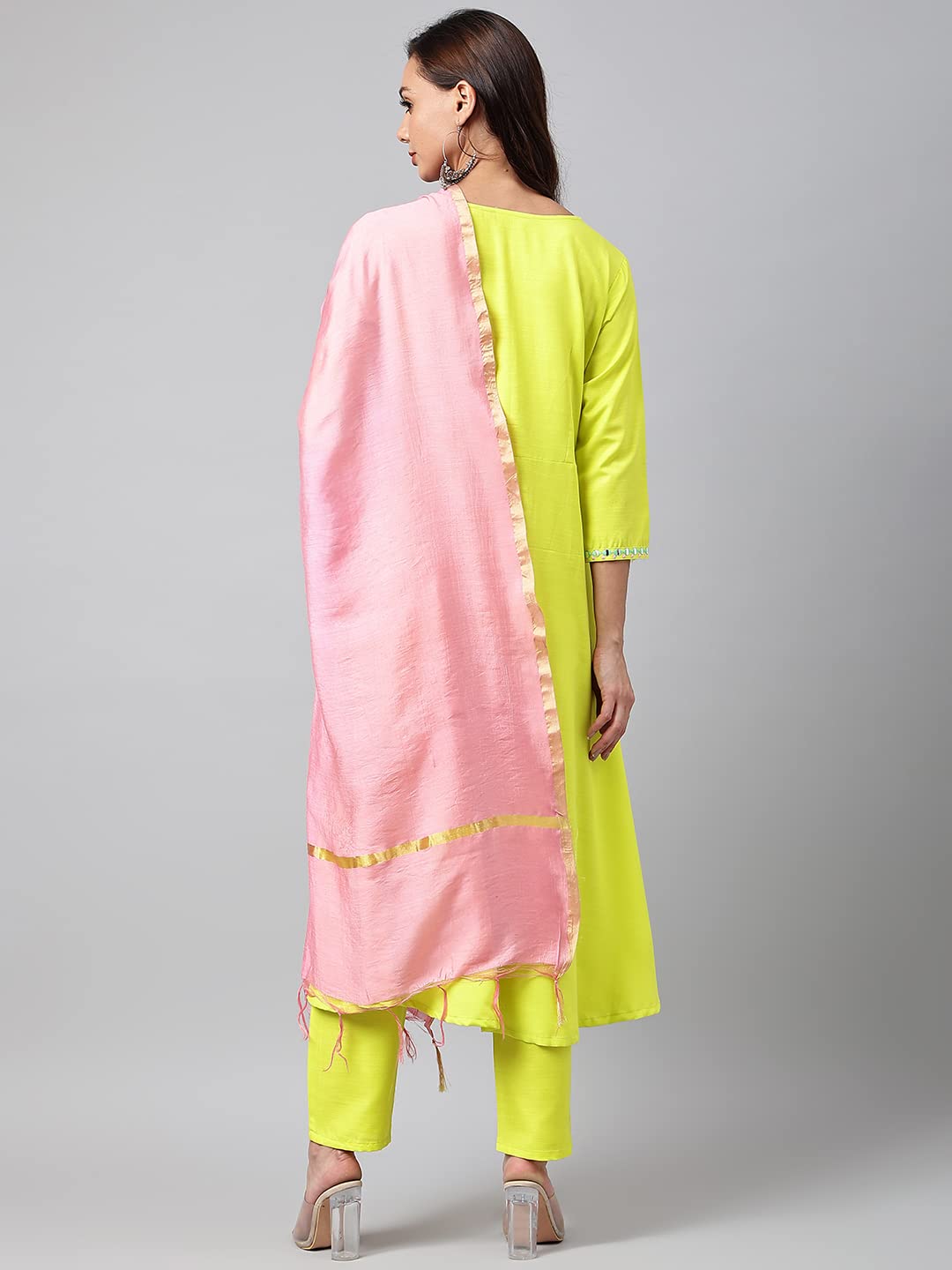 Anni Designer Women'S Cotton Blend Embroidered Anarkali Kurta With Palazzo & Dupatta (Darwaja Green_M_Green_Medium),Green,M,Cotton Blend,Anarkali,Dupatta