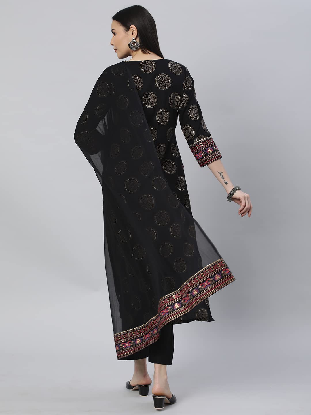 Anni Designer Women'S Cotton Blend Printed Straight Kurta With Pant & Dupatta (Nov-Black_Xl_Black_X-Large),Black,XL,Cotton Blend,Regular,Dupatta