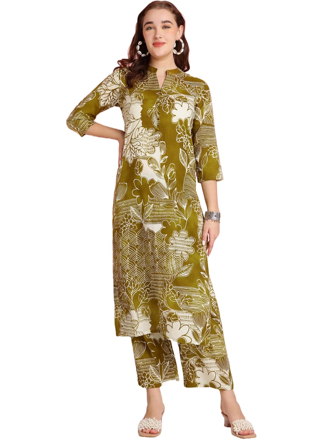 Anni Designer Women'S Rayon Blend Straight Printed Kurta With Pant (Tomsk Mehandi_Xl_Mehandi_X-Large),Mehandi,XL