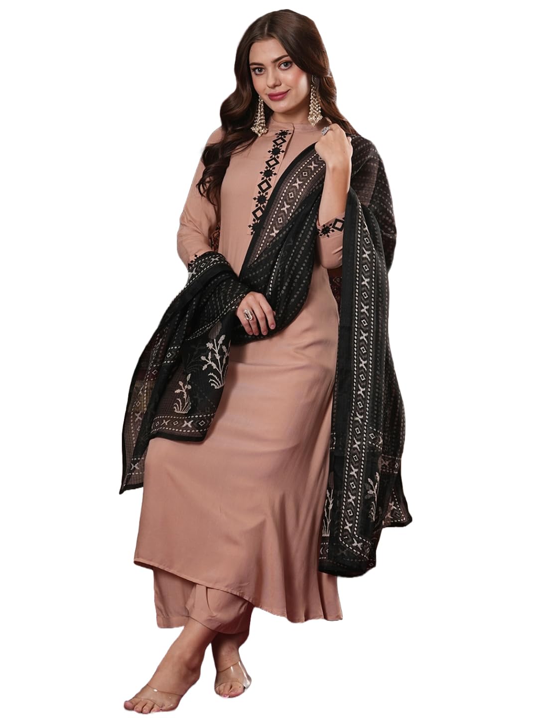 Anni Designer Women'S Cotton Blend Straight Solid Kurta With Pant & Dupatta (Prabita Beige_Xl_Beige_X-Large),Beige,XL