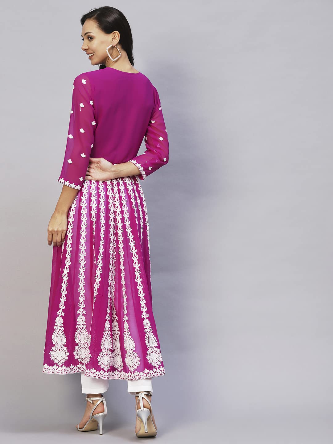 Gosriki Women'S Georgette Chikankari Embroidered Anarkali Kurti (Kari Pink-Gs_L_Dark Pink_Large),Pink,,B0C5RXFKBX