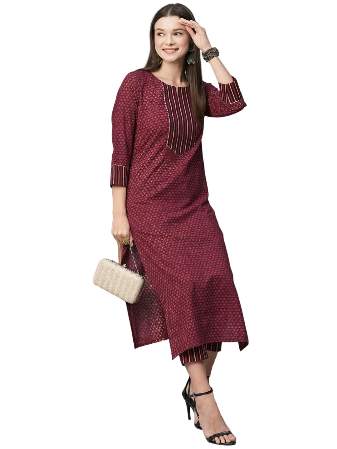 Gosriki Women'S Cotton Blend Straight Printed Kurta With Pant (Parul Maroon-Gs_S_Maroon_Small),Maroon,,B0C7W5YDPM