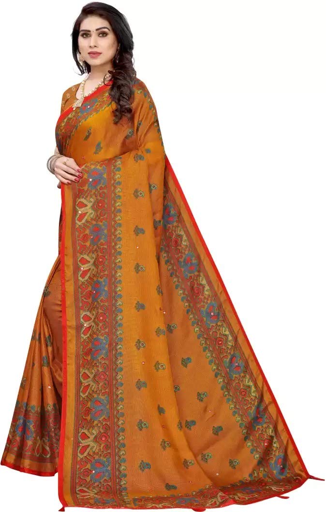 Anni Designer Women'S Jute Silk Woven Design Mirror Work Saree With Blouse Piece (Yellow),Yellow,5.5 meters,Jute Silk,with blouse piece,With Blouse Piece