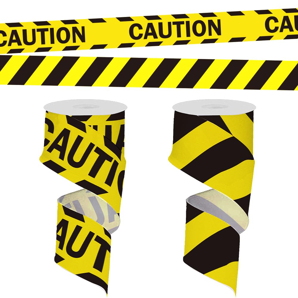 2 Rolls 10 Yards Caution Wired Edge Ribbons, 2.5inch Caution Tape Ribbons Yellow and Black Striped Ribbon Caution Fabric Ribbon 