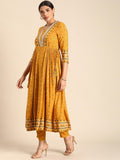 Anni Designer Women'S Rayon Viscose Anarkali Printed Kurta With Pant (Dawara Yellow_L_Yellow_Large),Yellow,L,Rayon,Anarkali,Kurta With Pant