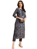 Anni Designer Women'S Cotton Blend Printed Straight Kurta With Pant (Win Blue_S_Blue_Small),Blue,S