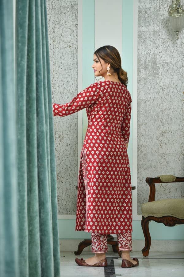Anni Designer Women'S Cotton Blend Floral Printed Straight Kurta With Pants & Dupatta (Tasya Red_S_Red_Small),Red,S,Cotton Blend,Regular,Dupatta