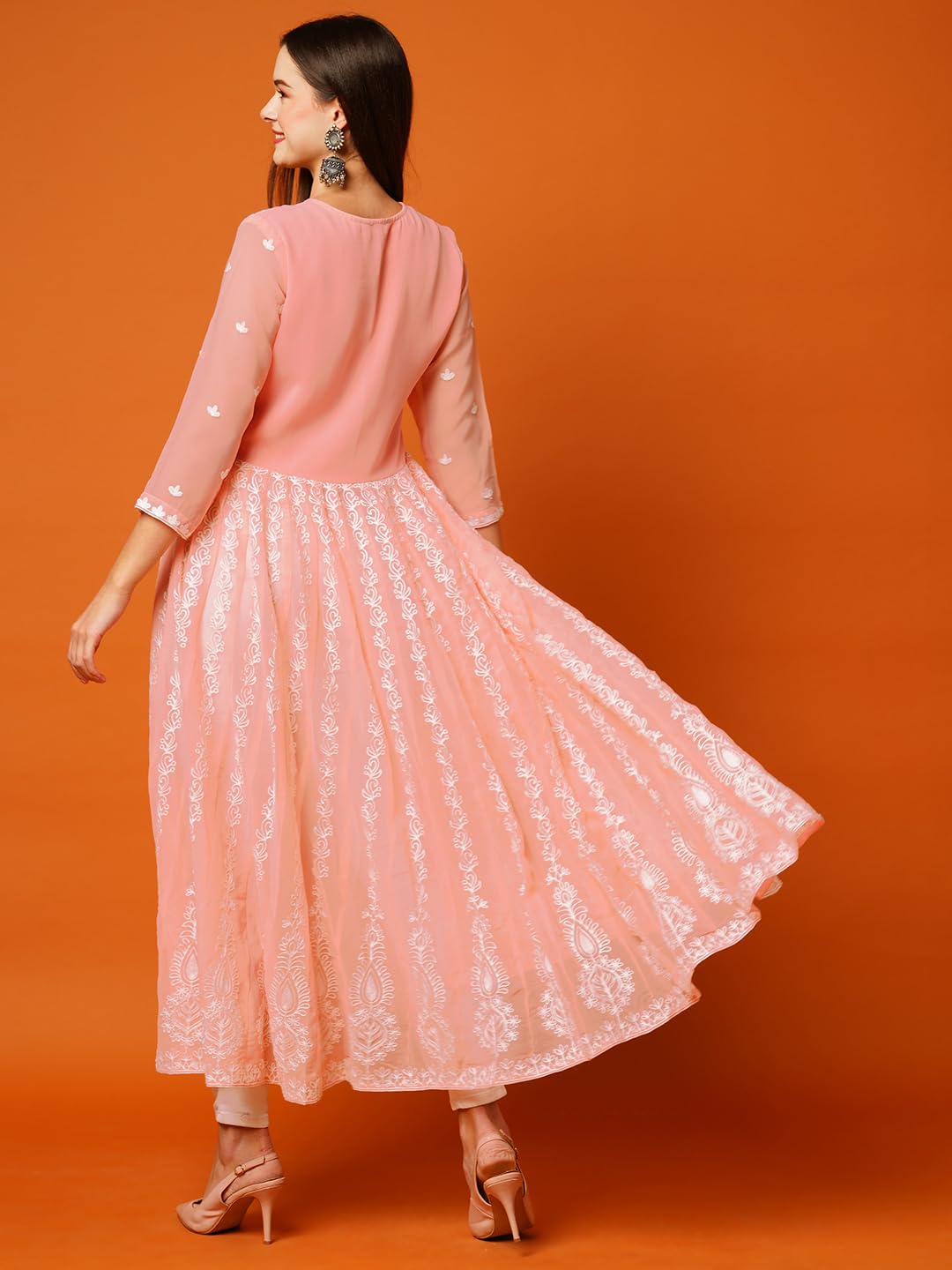 Anni Designer Women'S Georgette Chikankari Embroidered Anarkali Kurti (Kari Peach-Kds_S_Peach_Small),Peach,S,Georgette,Anarkali,Kurta
