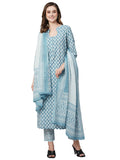 Anni Designer Women'S Cotton Blend Straight Printed Kurta With Pant & Dupatta (Sadhna Blue_Xl_Blue_X-Large),Blue,XL,,,