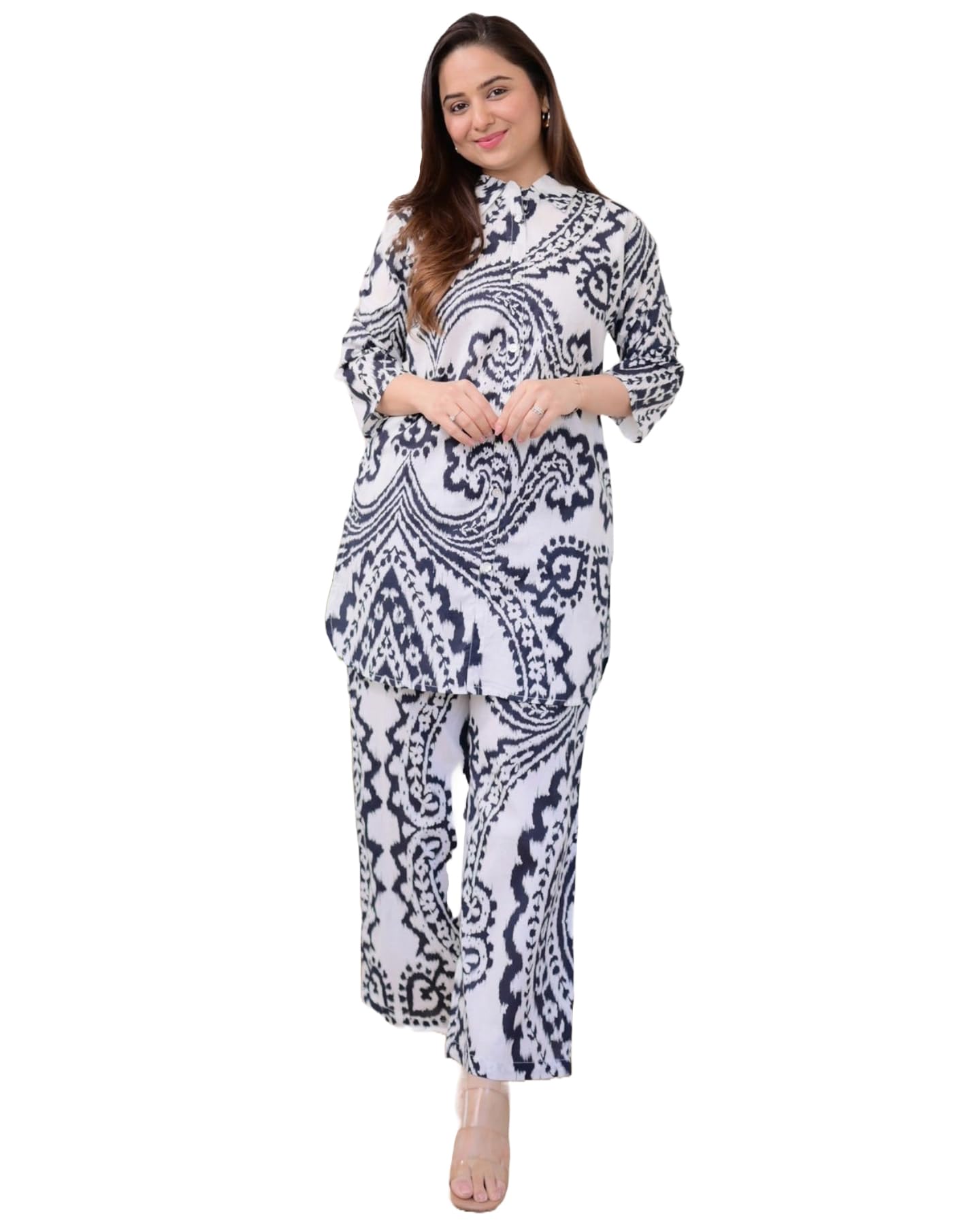 Anni Designer Women'S Cotton Blend Printed Ethnic Co-Ord Set (Qurom White_Xl_White_X-Large),White,XL