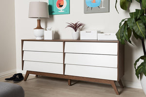 Baxton Studio Hildon 6 Drawer Double Dresser In White And Walnut Brown