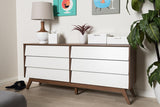 Baxton Studio Hildon 6 Drawer Double Dresser In White And Walnut Brown
