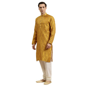 Sojanya (Since 1958 Men'S Jacquard Silk Mustard & Gold Kurta & Off-White Churidar Pyjama Set Size 38