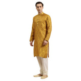 Sojanya (Since 1958 Men'S Jacquard Silk Mustard & Gold Kurta & Off-White Churidar Pyjama Set Size 38