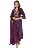 Sanisa Women's Chinnon Silk & Organza Sequence and Embroidery Work Straight Kurta with Pant and Dupatta Set (38KBD476NB-XL_Wine)