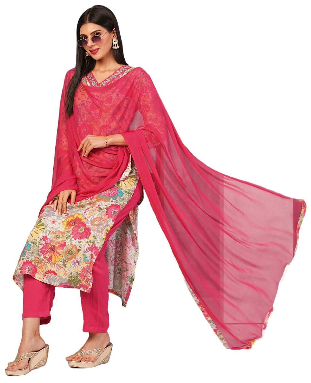 Gosriki Women'S Cotton Blend Printed Straight Kurta With Pant & Dupatta (Ruth Pink-Nw-Gs_M_Pink_Medium),Pink,,B0D4J721MC