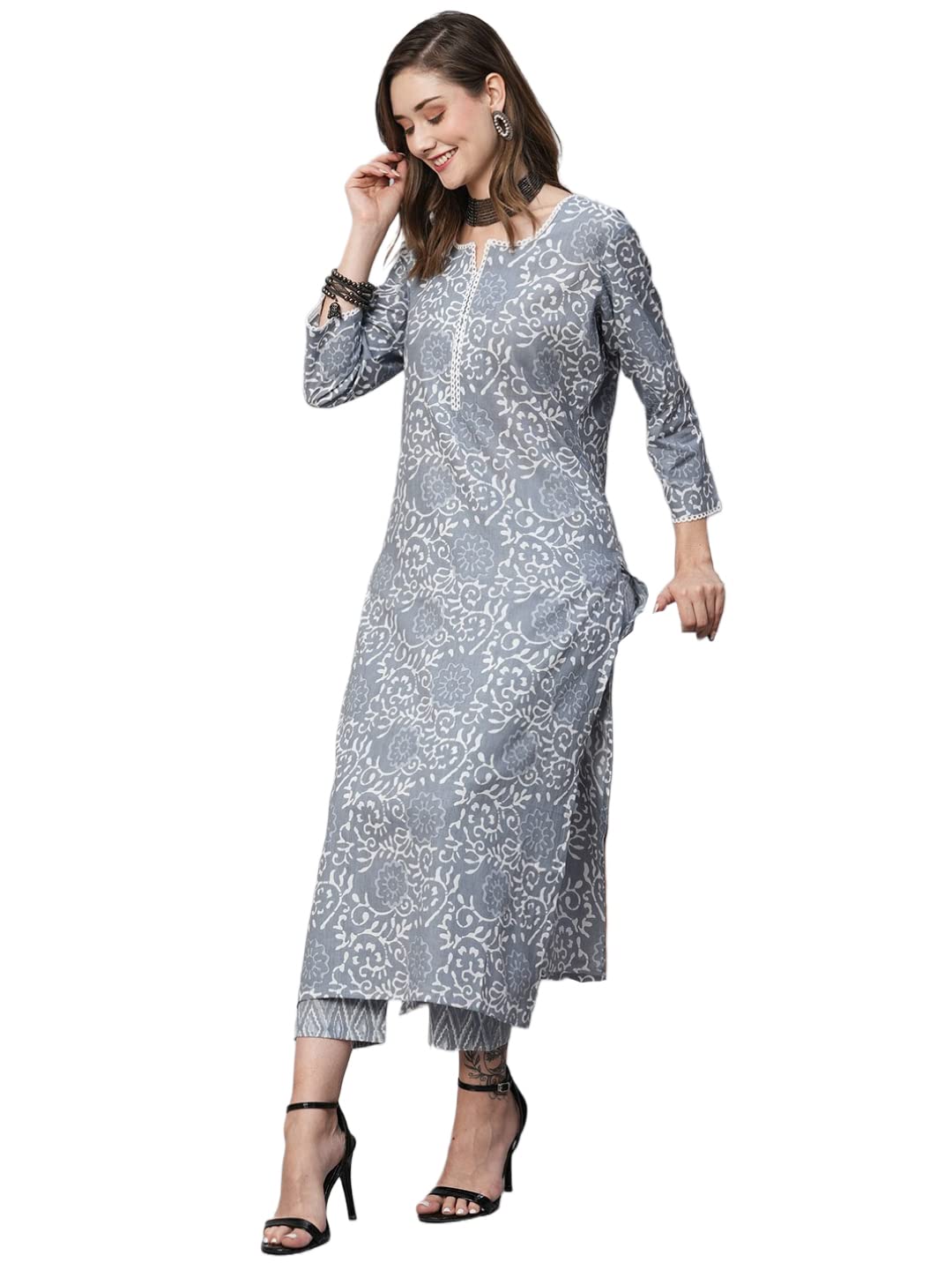 Gosriki Women'S Cotton Blend Straight Printed Kurta With Pant (Gulika Grey-Gs_M_Grey_Medium),Grey,,B0C5JSWRXM