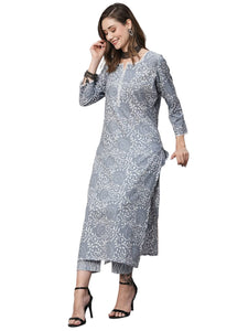 Gosriki Women'S Cotton Blend Straight Printed Kurta With Pant (Gulika Grey-Gs_M_Grey_Medium),Grey,,B0C5JSWRXM