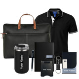 Giftana 8 In 1 Laptop Bag And Collar Tshirt With Personalized Diary & Pen, Keychain, Coffee Tumbler 400Ml, Mobile Stand, Card Ho