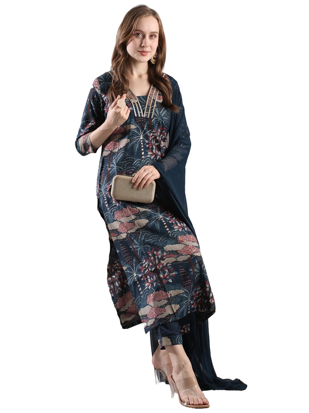 Anni Designer Women'S Rayon Blend Straight Printed Kurta With Pant & Dupatta (Sunawal Blue_S_Blue_Small),Blue,S,,,