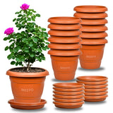 Meepo Brown 14 Inch Planters 12 Pcs, Gamla Pots For Home, Indoor Outdoor Flower Pots, Drip Tray Pots With Plates