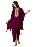 Youthnic Womens Cotton Silk Embroidered Kaftan Set with Trousers | Co Ord Elegant Ladies Set | Kurta Set for Women | Wedding Dress, Wine, M