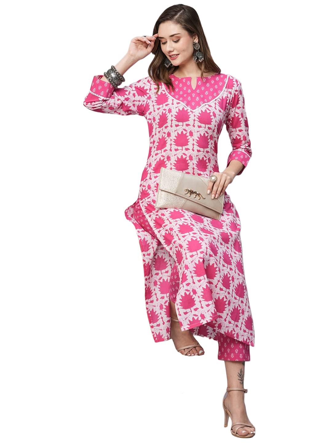 Anni Designer Women'S Cotton Blend Straight Printed Kurta With Pant (Mehar Pink_L_Pink_Large),Pink,L