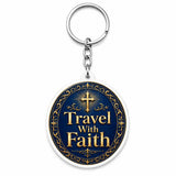 M Men Style Personalized Christian Faith Polymer Keychain With Custom Name, DoubleSided Travel With Faith Design, 50 Mm Round D