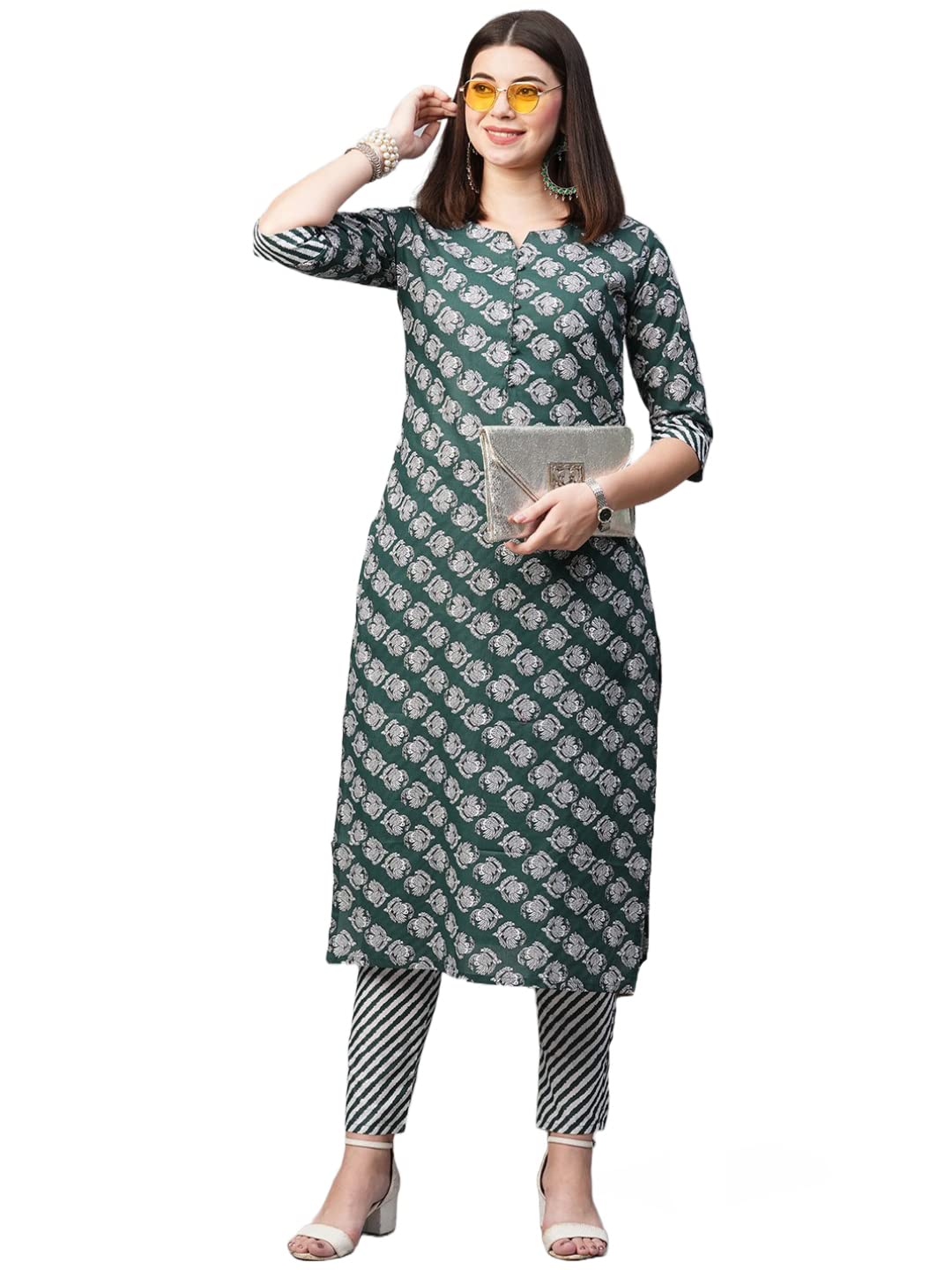 Gosriki Women'S Cotton Blend Printed Straight Kurta With Pant (Funnu Mehandi-Nwfb08-Gs_S_Mehandi_Small),Mehandi,,B0BTJ6PS29