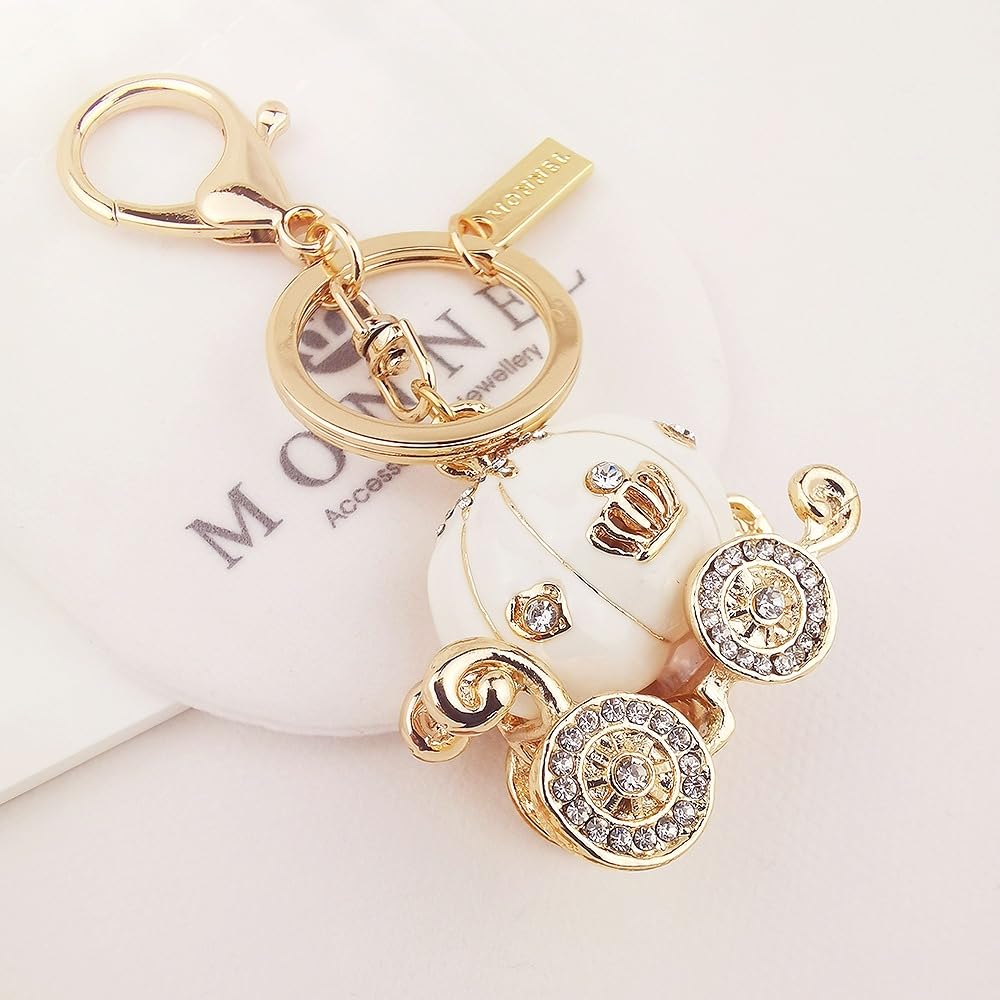 MONNEL Bling White Princess Pumpkin Carriage Crystal Lobster Claps Keychain MZ881-2