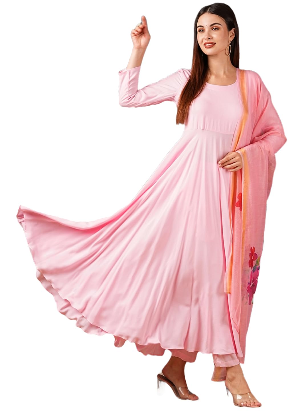 Anni Designer Women'S Cotton Blend Anarkali Solid Kurta With Pant & Dupatta (Saniba Baby Pink_Xxl_Baby Pink_Xx-Large),Baby Pink,2XL