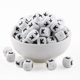 HHCFAST 12mm White Square Letter K Alphabet Silicone Beads, 20Pcs Cube Heart Number Letter Silicone Beads for Keychain Making, I